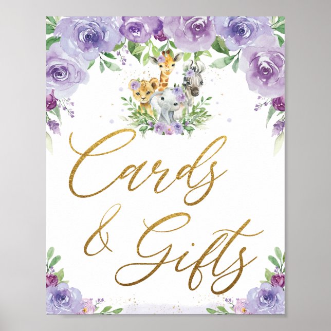 Jungle Animals Purple Floral Cards and Gifts Sign (Front)