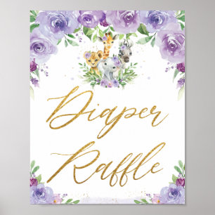 Jungle Animals Purple Floral Diaper Raffle Sign