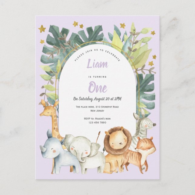 jungle animals, purple girl first birthday invitation postcard (Front)