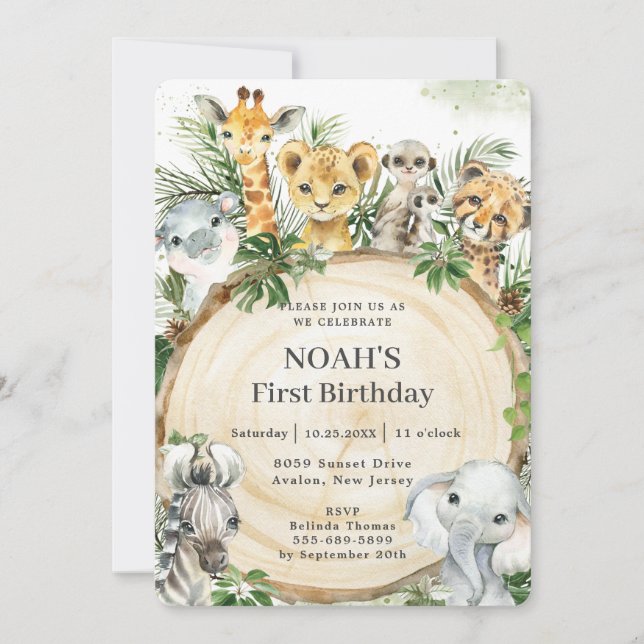 Jungle Animals Rustic Wood Slice Birthday Party  Invitation (Front)
