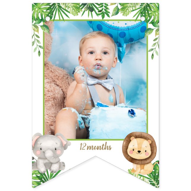 Jungle Animals Safari 1st Birthday Photo Milestone Bunting (Fourteenth Flag)
