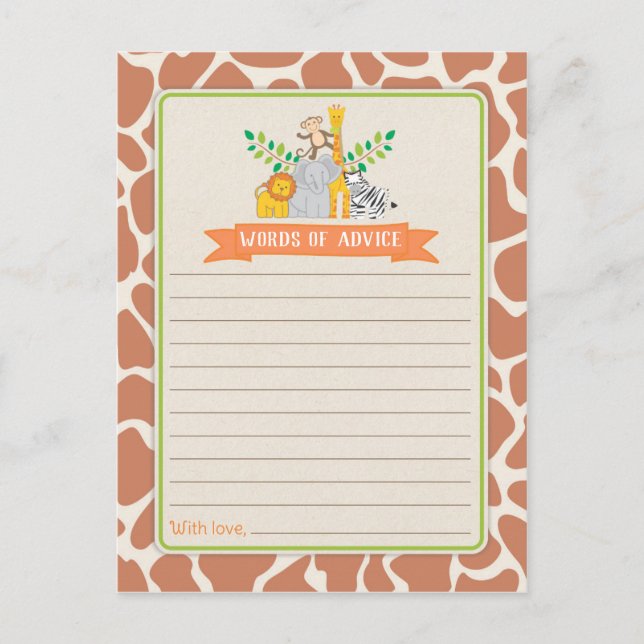 Jungle Animals Safari Baby Shower Words of Advice (Front)