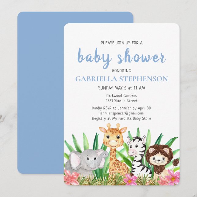 Jungle Animals Safari Blue Baby Shower Invitation (Front/Back)