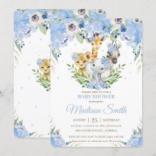 Jungle Animals Safari Blue Floral Baby Shower Invitation