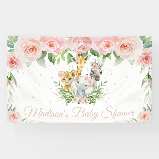 Jungle Animals Safari Blush Pink Floral Backdrop B Banner (Horizontal)