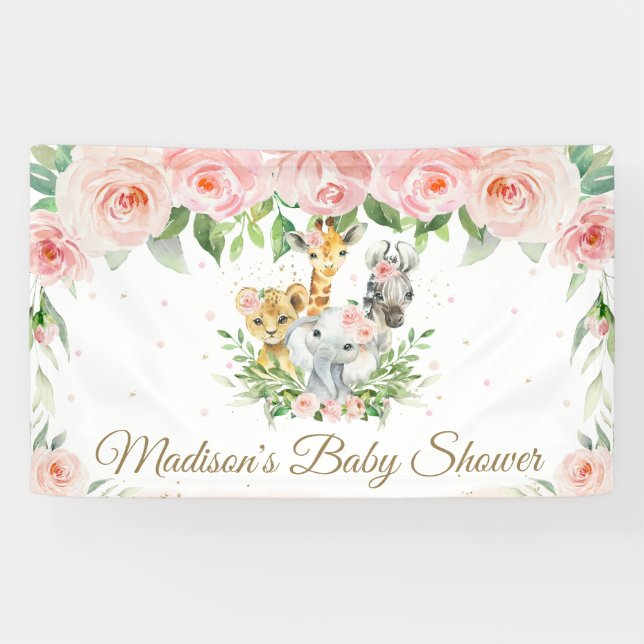 Jungle Animals Safari Blush Pink Floral Backdrop Banner (Horizontal)