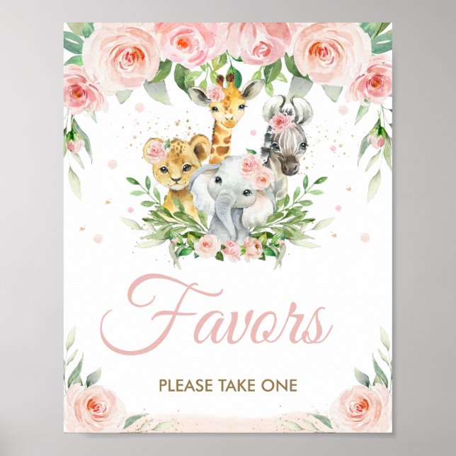 Jungle Animals Safari Blush Pink Floral Favours  Poster (Front)