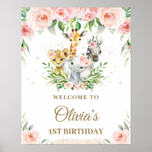 Jungle Animals Safari Blush Pink Floral Welcome Poster