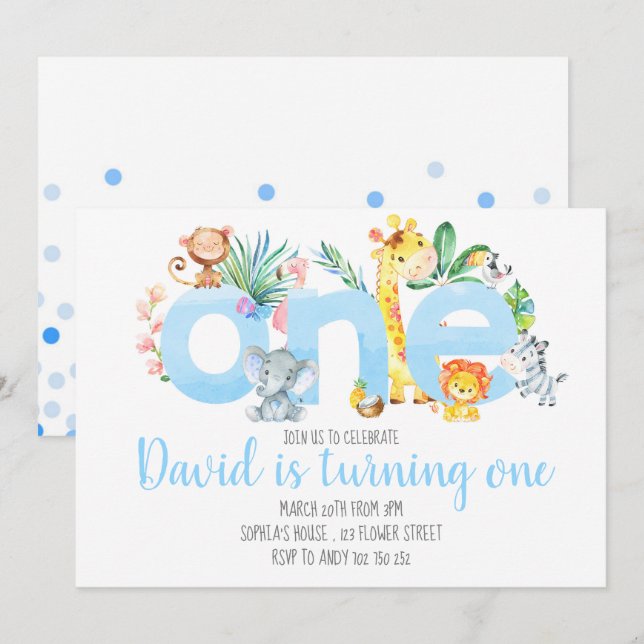 Jungle Animals Safari Boy Blue Cute 1st Birthday Invitation (Front/Back)