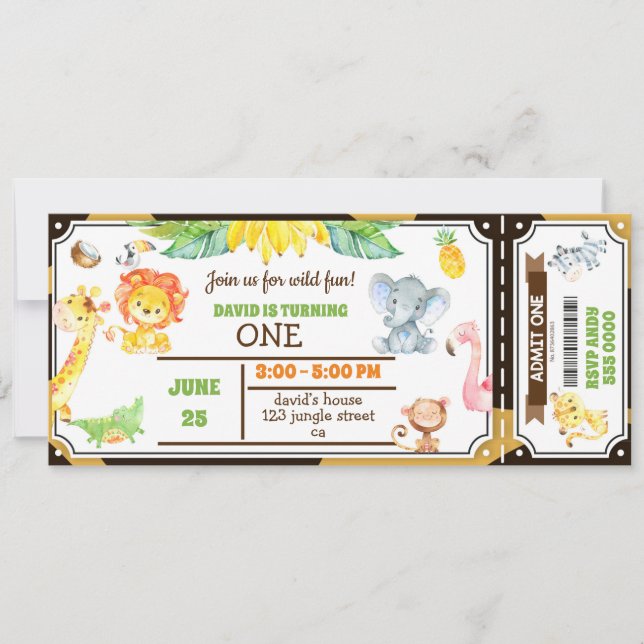 Jungle Animals Safari Boy First Birthday Ticket Invitation (Front)