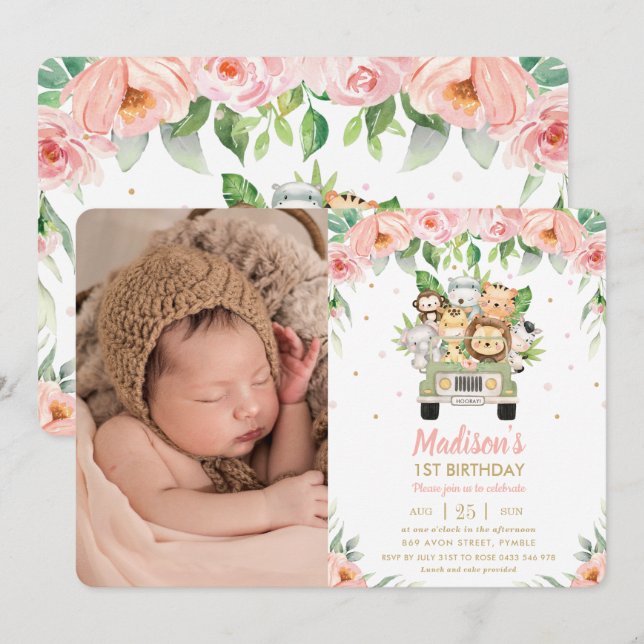 Jungle Animals Safari Car Floral Birthday Photo Invitation (Front/Back)