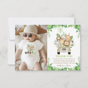 Jungle Animals Safari Car Greenery 1st Birthday Thank You Card