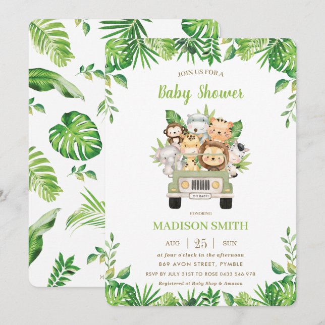 Jungle Animals Safari Car Greenery Baby Shower Invitation (Front/Back)