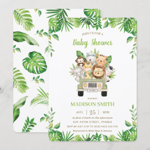 Jungle Animals Safari Car Greenery Baby Shower Invitation