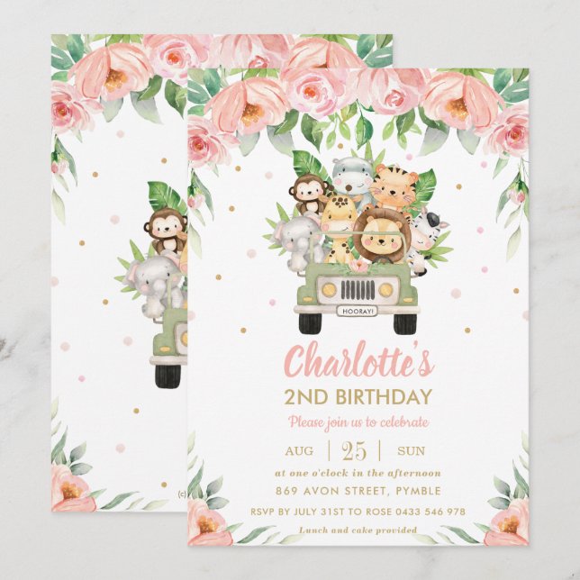 Jungle Animals Safari Car Pink Floral Birthday Invitation (Front/Back)
