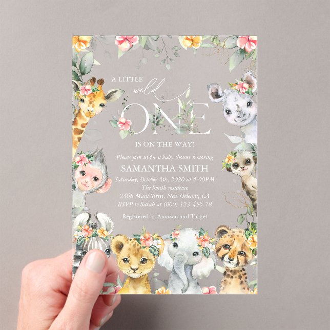 Jungle Animals, Safari, Flowers, Baby Shower Acrylic Invitations (Insitu (Handheld))