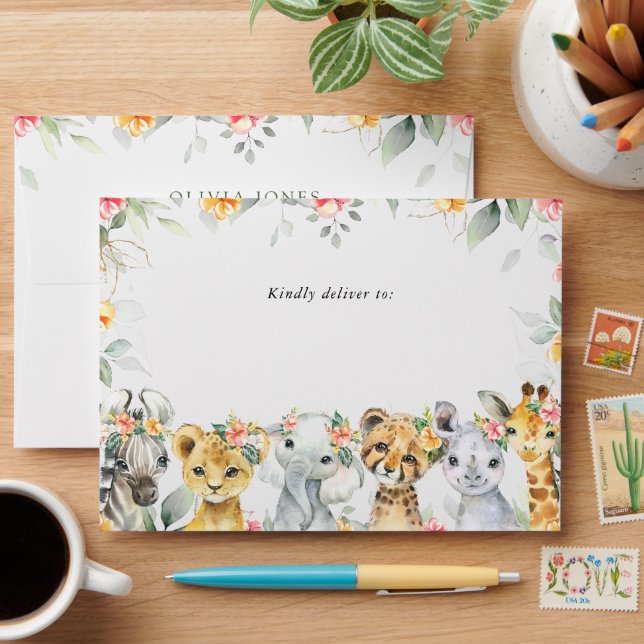 Jungle Animals, Safari, Flowers, Baby Shower Envelope (Desk)