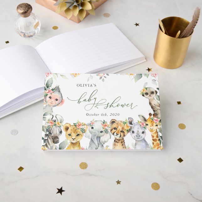 Jungle Animals, Safari, Flowers, Baby Shower Guest Book (Front Open)