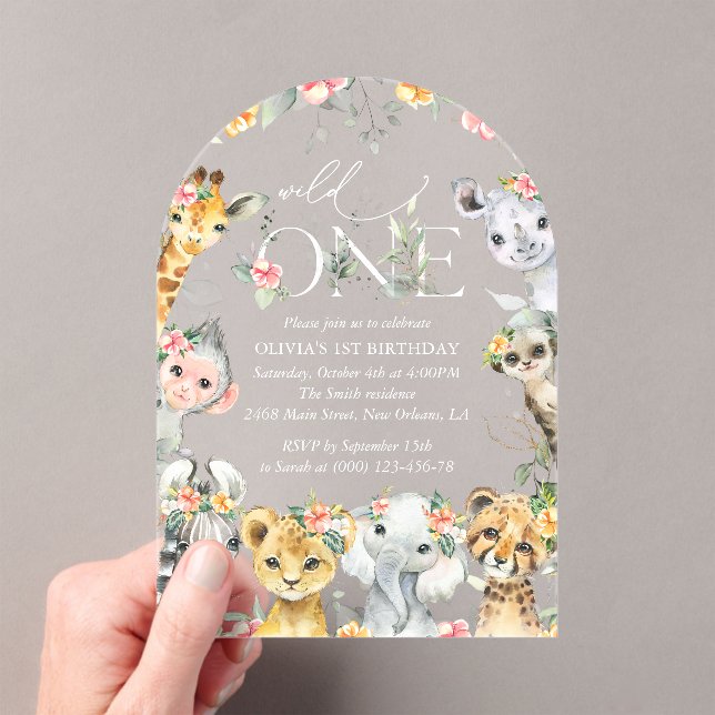 Jungle Animals, Safari, Flowers, First Birthday Acrylic Invitations (Insitu (Handheld))