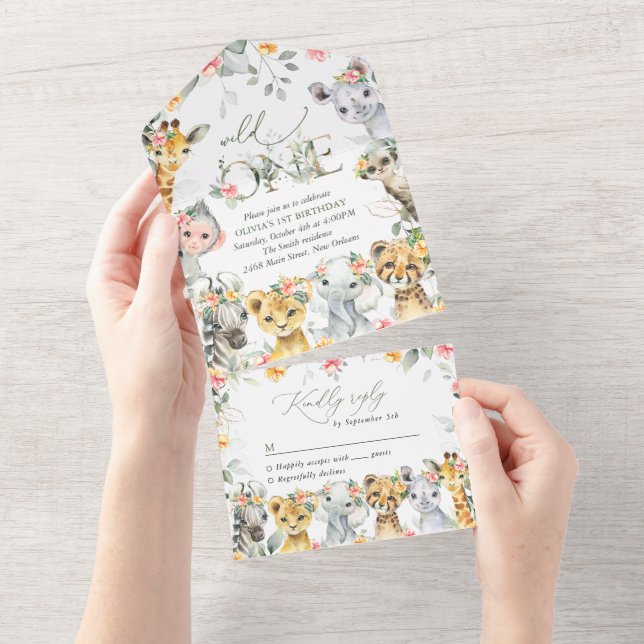 Jungle Animals, Safari, Flowers, First Birthday All In One Invitation (Tearaway)