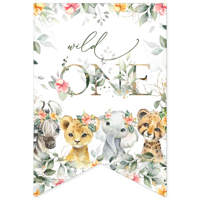 Jungle Animals, Safari, Flowers, First Birthday Bunting (First Flag)
