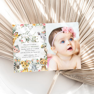Jungle Animals, Safari, Flowers, First Birthday Invitation