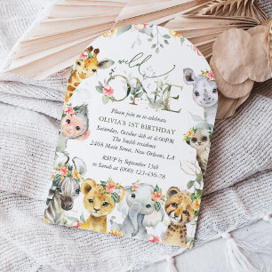 Jungle Animals, Safari, Flowers, First Birthday Invitation