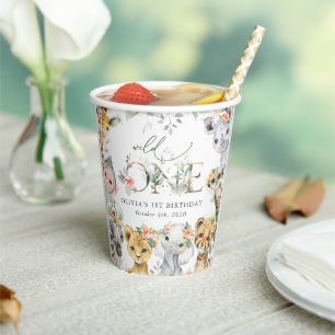 Jungle Animals, Safari, Flowers, First Birthday Paper Cups