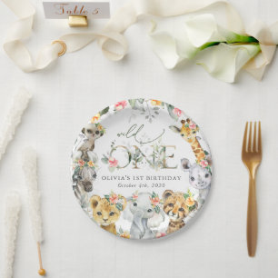 Jungle Animals, Safari, Flowers, First Birthday Paper Plate