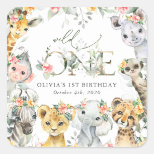 Jungle Animals, Safari, Flowers, First Birthday Square Sticker