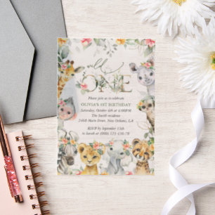 Jungle Animals, Safari, Flowers, First Birthday Vellum Invitations