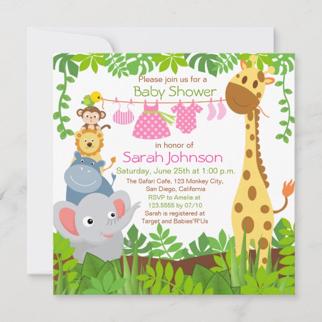 Jungle Animals Safari Girl Baby Shower Invitation (Front)