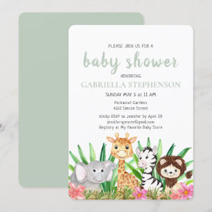 Jungle Animals Safari Green Baby Shower Invitation
