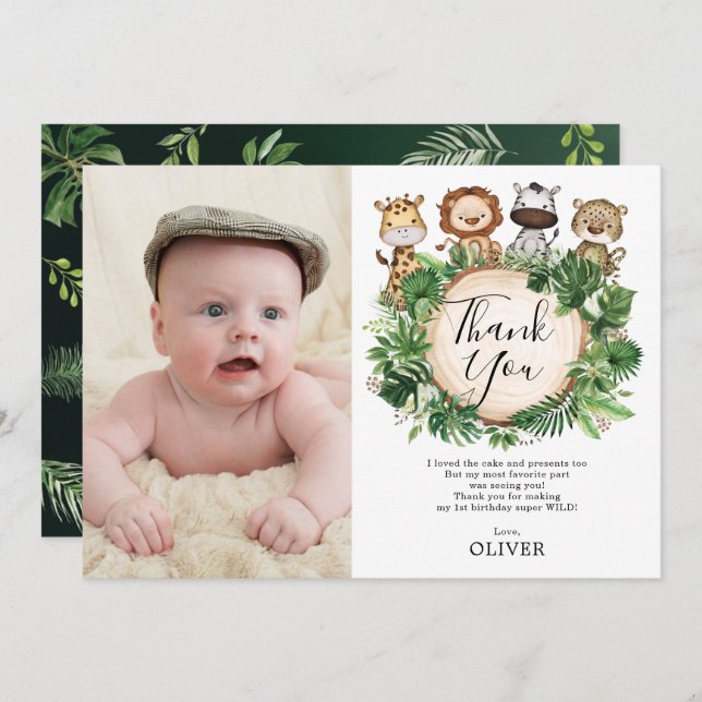 Jungle Animals Safari Greenery Birthday Photo Thank You Card (Front/Back)