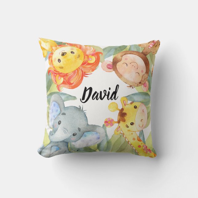 Jungle Animals Safari Nursery Decor Personalised Cushion (Front)