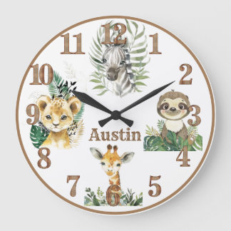Jungle Animals Safari Personalised Nursery Round  Large Clock