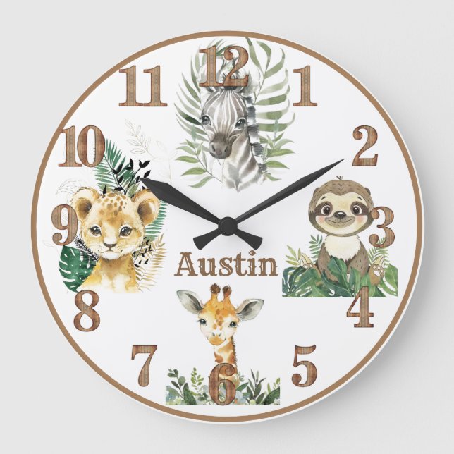 Jungle Animals Safari Personalised Nursery Round  Large Clock (Front)