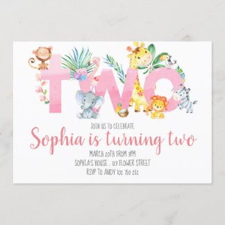 Jungle Animals Safari Pink 2nd Birthday Girl Cute Invitation