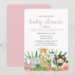 Jungle Animals Safari Pink Baby Shower Invitation