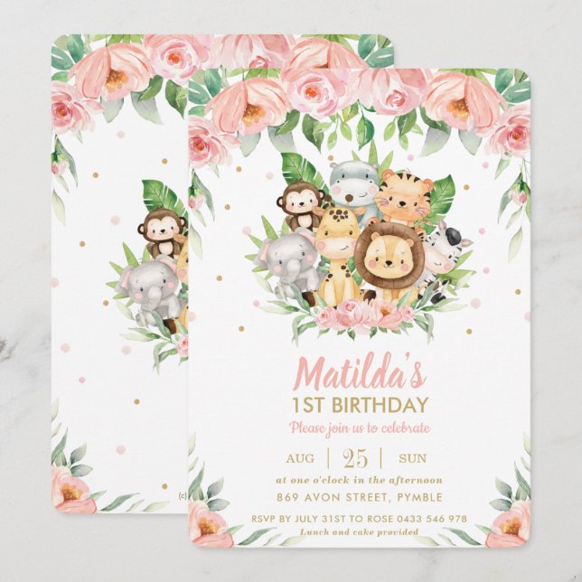 Jungle Animals Safari Pink Floral 1st Birthday Invitation (Front/Back)