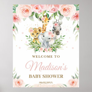 Jungle Animals Safari Pink Floral Baby Welcome Poster