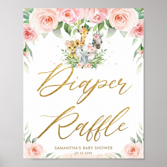 Jungle Animals Safari Pink Floral Diaper Raffle  Poster (Front)
