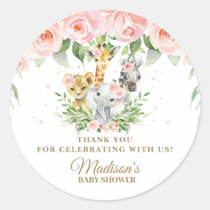 Jungle Animals Safari Pink Floral Thank You Favour Classic Round Sticker
