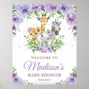 Jungle Animals Safari Purple Floral Baby Welcome Poster