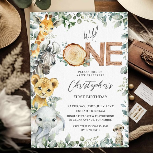 Jungle Animals Safari Wild One 1st First Birthday Invitation (Creator Uploaded)