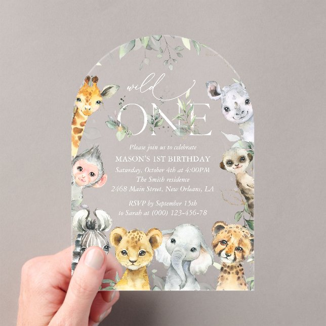 Jungle Animals, Safari, Wild One, First Birthday Acrylic Invitations (Insitu (Handheld))
