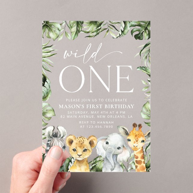 Jungle Animals, Safari, Wild One, First Birthday Acrylic Invitations (Insitu (Handheld))