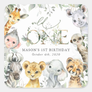 Jungle Animals, Safari, Wild One, First Birthday Square Sticker