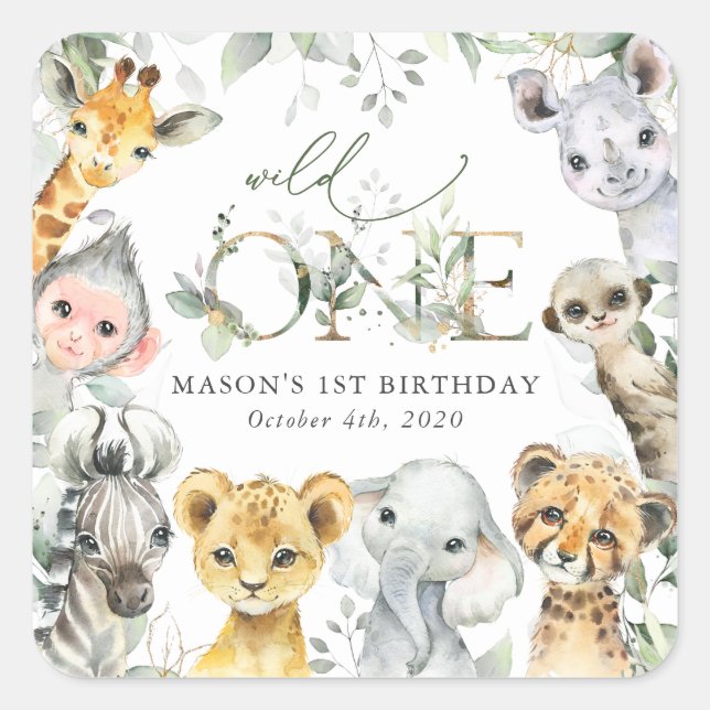 Jungle Animals, Safari, Wild One, First Birthday Square Sticker (Front)