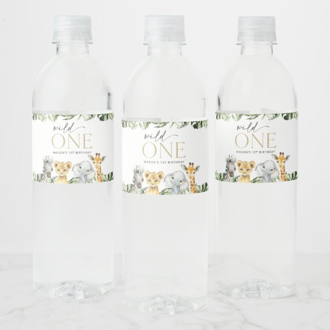 Jungle Animals, Safari, Wild One, First Birthday Water Bottle Label (Bottles)